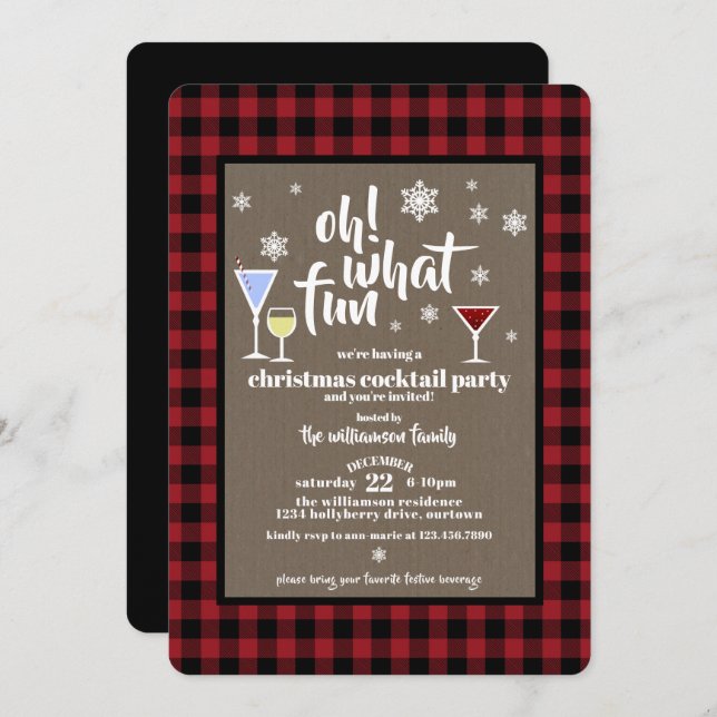 Rustic Buffalo Plaid Christmas Cocktail Party Invitation (Front/Back)