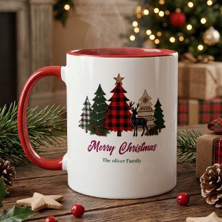 Rustic Buffalo Plaid Christmas Tree Family Name Mug