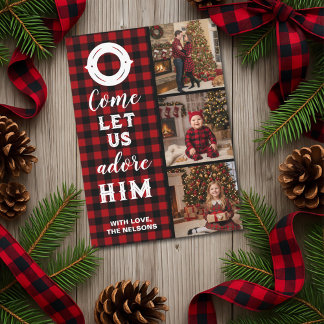 Rustic Buffalo Plaid Come Let Us Adore Him Photo Holiday Card