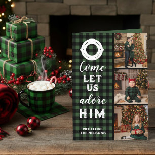 Rustic Buffalo Plaid Come Let Us Adore Him Photo Holiday Card