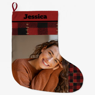 Rustic Buffalo Plaid Custom Name and Photo  Large Christmas Stocking