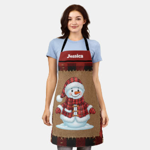 Rustic Buffalo Plaid Custom Name Snowman Apron