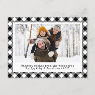 Rustic Buffalo Plaid Custom Photo Black White Holiday Postcard