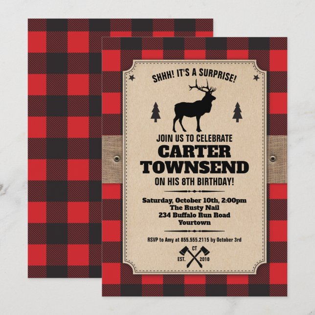Rustic Buffalo Plaid Elk Kraft Panel Birthday Invitation (Front/Back)