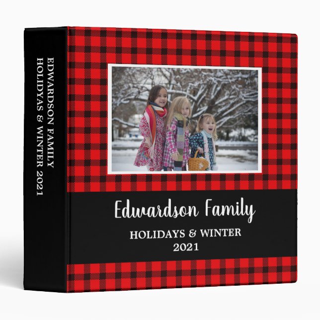 Rustic buffalo plaid family photo holiday album 3  binder (Front/Spine)