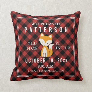 Rustic Buffalo Plaid Fox Baby Birth Stats Nursery Throw Pillow