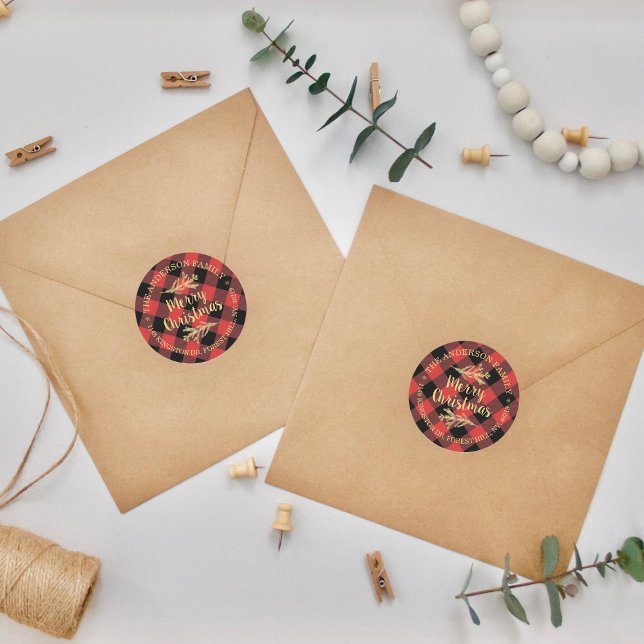 Rustic Buffalo Plaid Holiday Return Address Classic Round Sticker (Creator Uploaded)