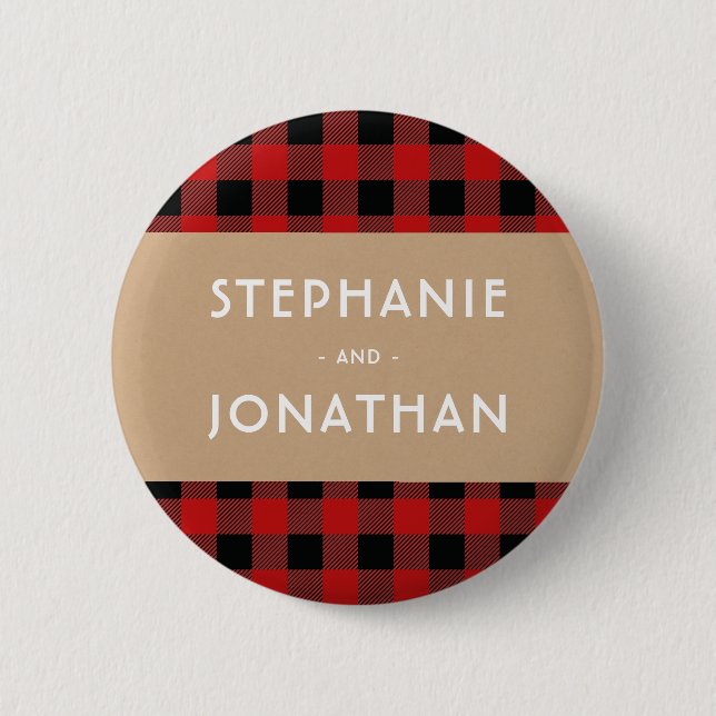 Rustic Buffalo Plaid & Kraft Wedding 2 Inch Round Button (Front)