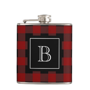 Rustic Buffalo Plaid Lumberjack Monogram Initial Hip Flask