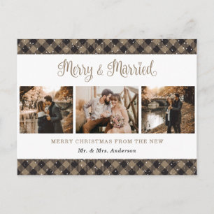 Rustic Buffalo Plaid Married and Merry Newlyweds Holiday Postcard