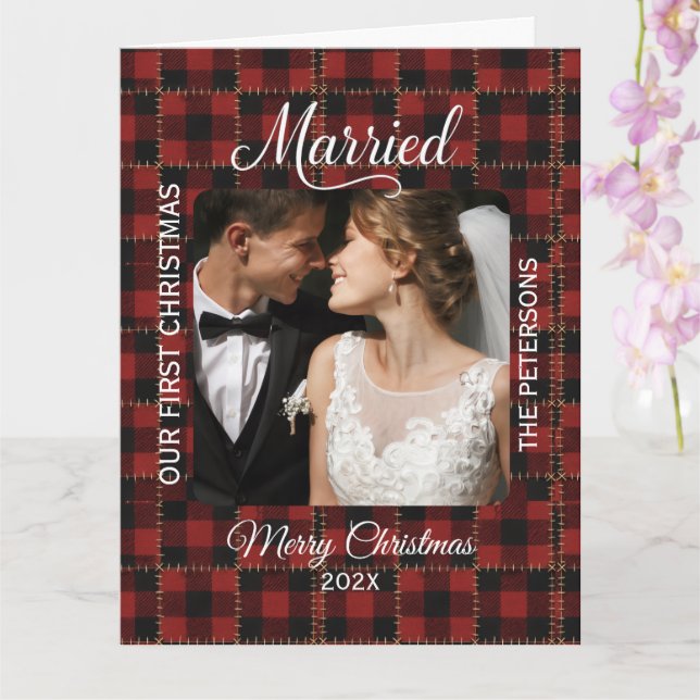 Rustic Buffalo Plaid Married First Christmas  Card (Orchid)
