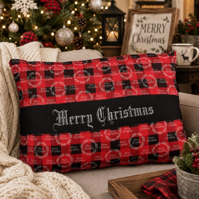 Rustic Buffalo Plaid Merry Christmas  Accent Pillow (Creator Uploaded)