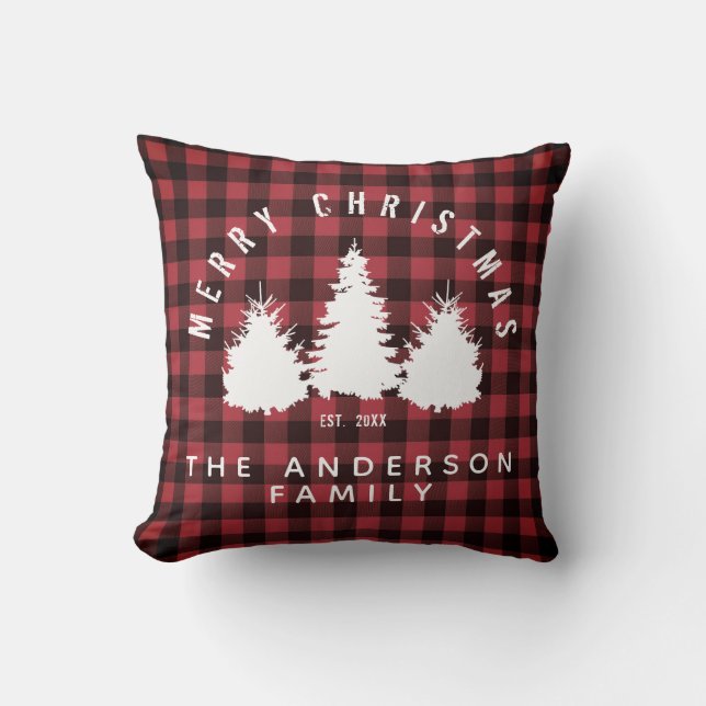 Rustic Buffalo Plaid Merry Christmas Family Name   Throw Pillow (Front)