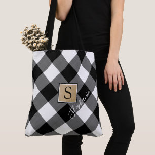 Rustic Buffalo Plaid Monogram Black and White Tote Bag