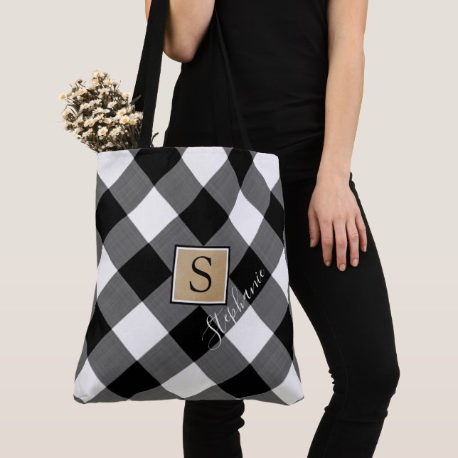 Rustic Buffalo Plaid Monogram Black and White Tote Bag (Close Up)