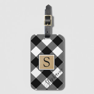 Rustic Buffalo Plaid Monogram Name Black White Luggage Tag