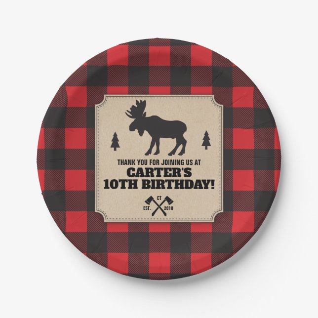 Rustic Buffalo Plaid Moose Kraft Look Panel Party Paper Plate (Front)