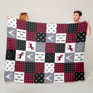 Rustic Buffalo Plaid Patchwork Red White Christmas Fleece Blanket