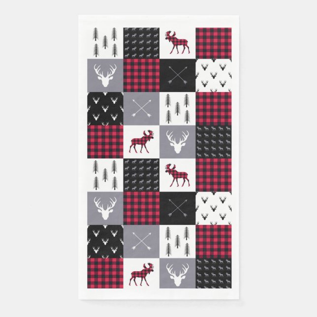 Rustic Buffalo Plaid Patchwork Red White Christmas Napkin (Front)