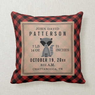 Rustic Buffalo Plaid Raccoon Baby Boy Birth Stats Throw Pillow