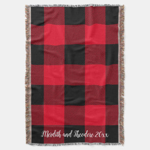 Rustic Buffalo Plaid Red Black Monogram Names Throw Blanket