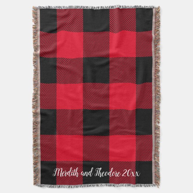Rustic Buffalo Plaid Red Black Monogram Names Throw Blanket (Front Vertical)