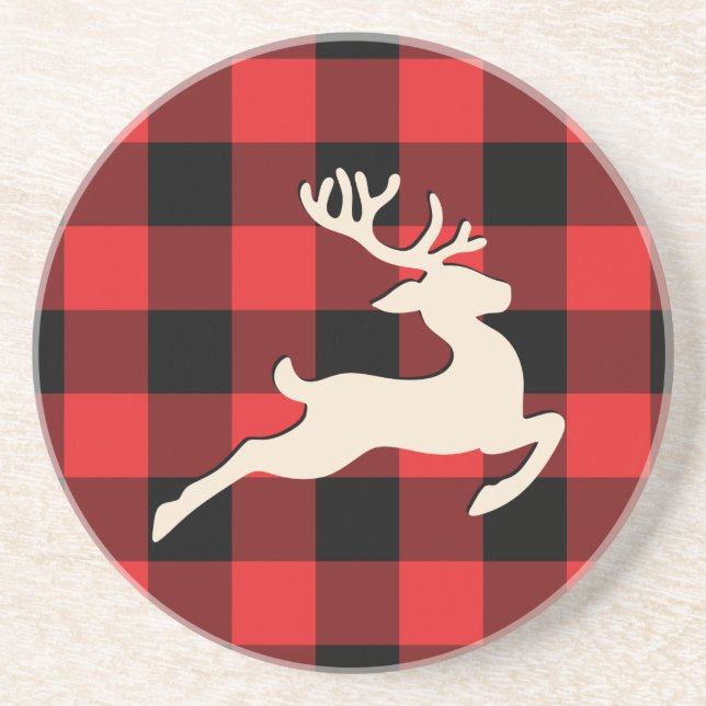 Rustic Buffalo Plaid Reindeer Christmas Coaster (Front)