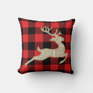 Rustic Buffalo Plaid Reindeer Throw Pillow