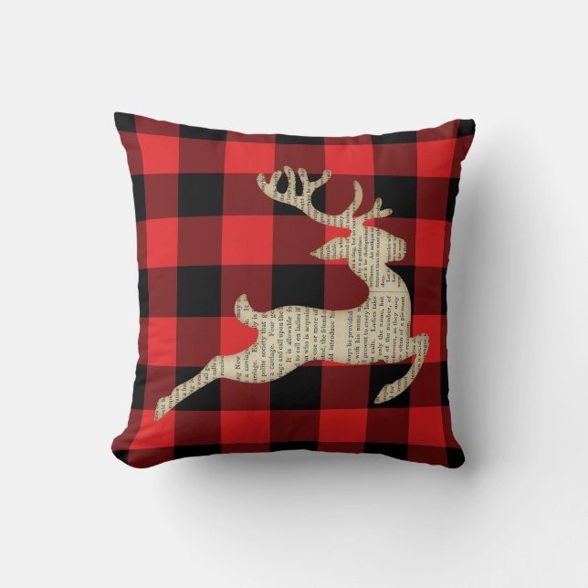 Rustic Buffalo Plaid Reindeer Throw Pillow (Front)