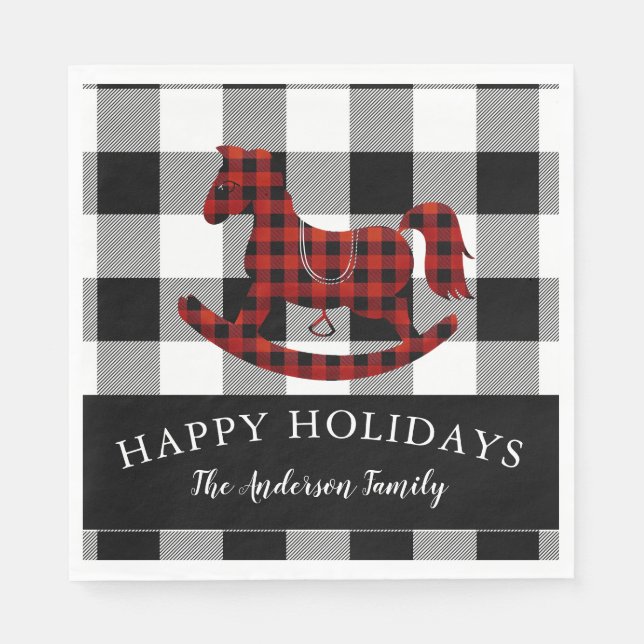 rustic buffalo plaid rocking horse happy holidays napkin (Front)
