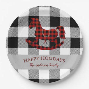 rustic buffalo plaid rocking horse happy holidays paper plate