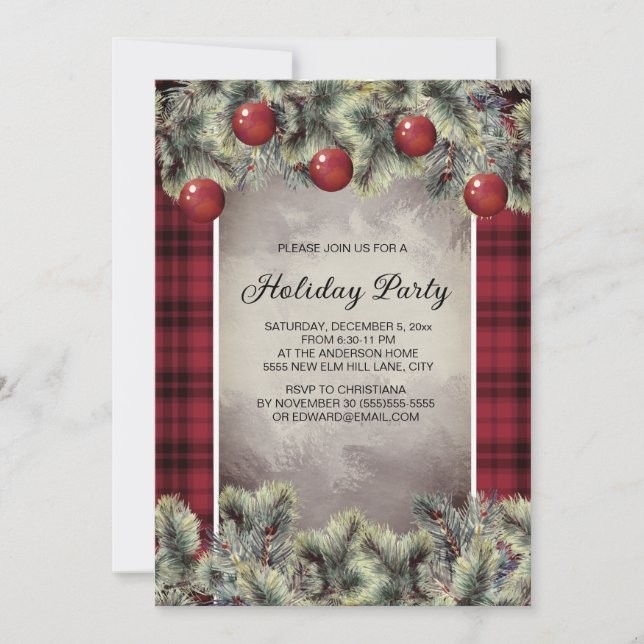 Rustic Buffalo Plaid Silver Grey Holiday Party  Invitation (Front)