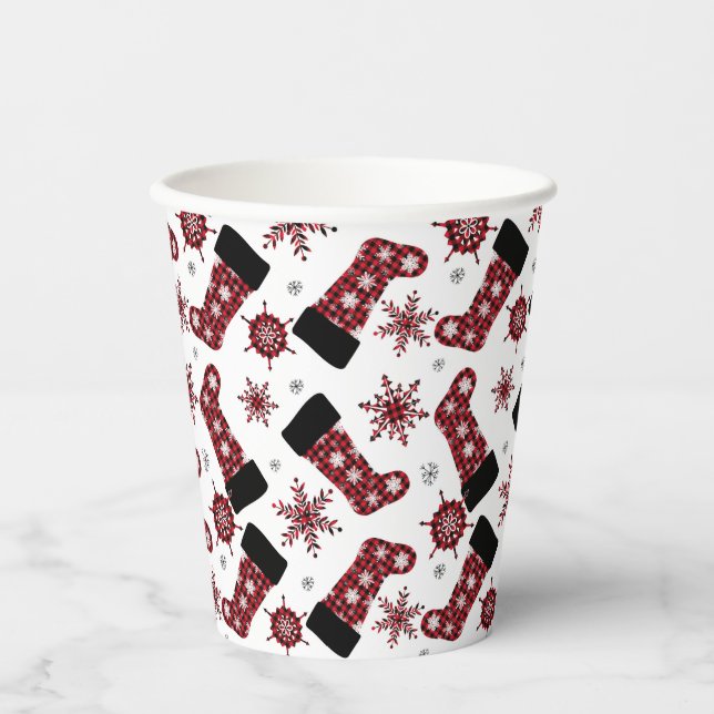 Rustic Buffalo Plaid Stocking Snowflakes Christmas Paper Cups (Front)