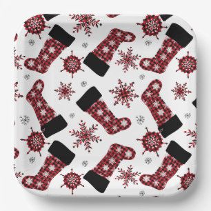 Rustic Buffalo Plaid Stocking Snowflakes Christmas Paper Plate
