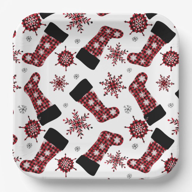 Rustic Buffalo Plaid Stocking Snowflakes Christmas Paper Plate (Front)