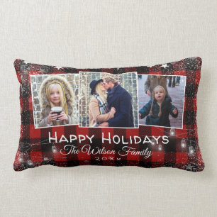Rustic Buffalo Plaid String Lights Holiday Photo Lumbar Pillow