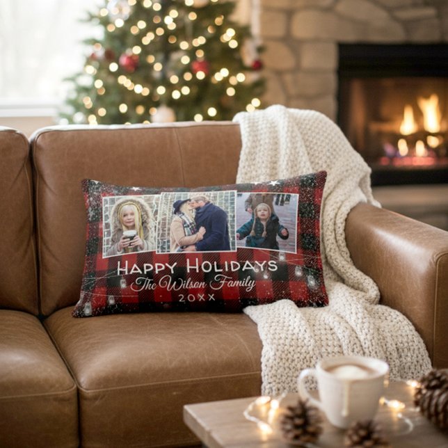 Rustic Buffalo Plaid String Lights Holiday Photo Lumbar Pillow (Creator Uploaded)