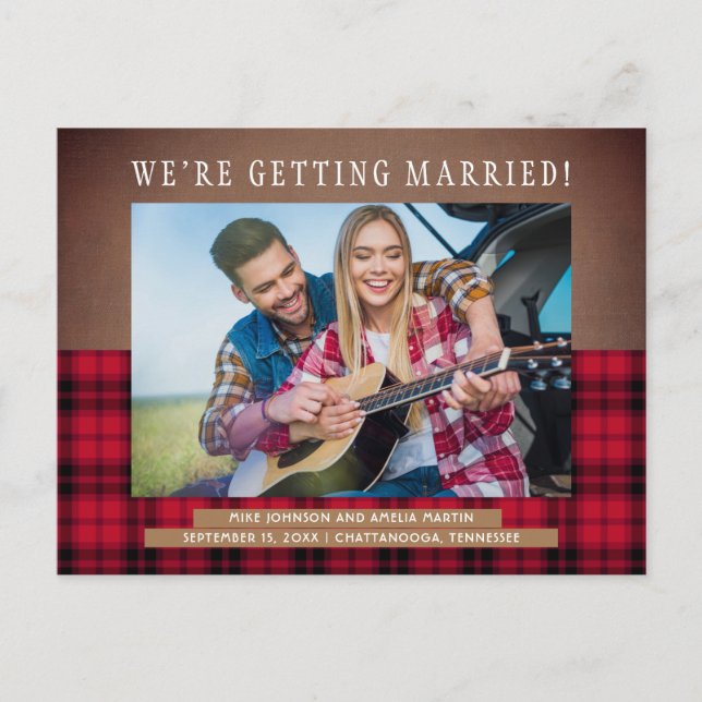 Rustic Buffalo Plaid Wedding Save Date Photo Announcement Postcard (Front)