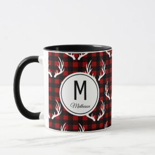 Rustic Buffalo Plaid & White Deer Antlers Monogram Mug