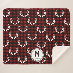 Rustic Buffalo Plaid & White Deer Antlers Monogram Sherpa Blanket