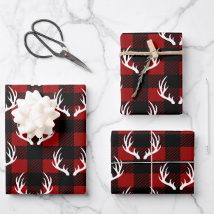 Rustic Buffalo Plaid & White Deer Antlers Wrapping Paper Sheet