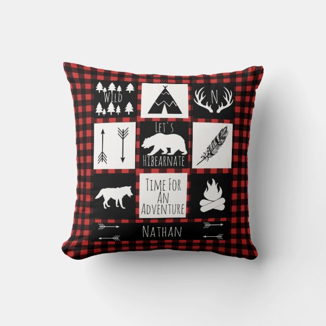 Rustic Buffalo Plaid Wilderness Animals & Name Throw Pillow (Front)