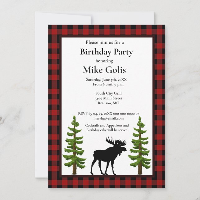 Rustic Buffalo Plaid with Moose Birthday  Invitation (Front)