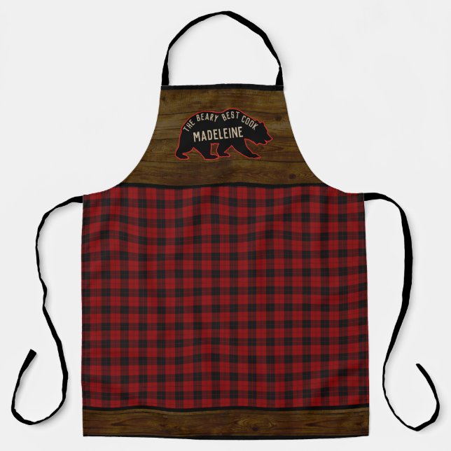 Rustic Buffalo Plaid Wood and Bear with Name Cabin Apron (Front)