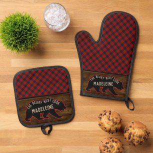 Rustic Buffalo Plaid Wood and Bear with Name Cabin Oven Mitt & Pot Holder Set