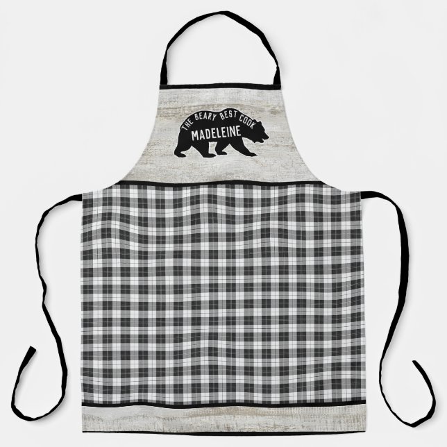 Rustic Buffalo Plaid Wood Cabin Black Bear Custom Apron (Front)