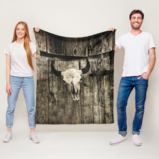 Rustic buffalo skull with horns on a barn fleece blanket (In Situ)