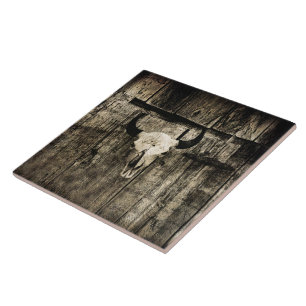 Rustic buffalo skull with horns on a barn tile