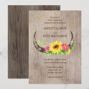 Rustic Bull Horns and Flowers Wedding Invitation