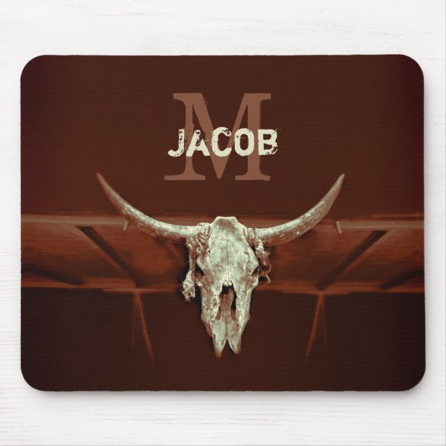 Rustic Bull Skull Brown Country Western Monogram Mouse Pad (Front)